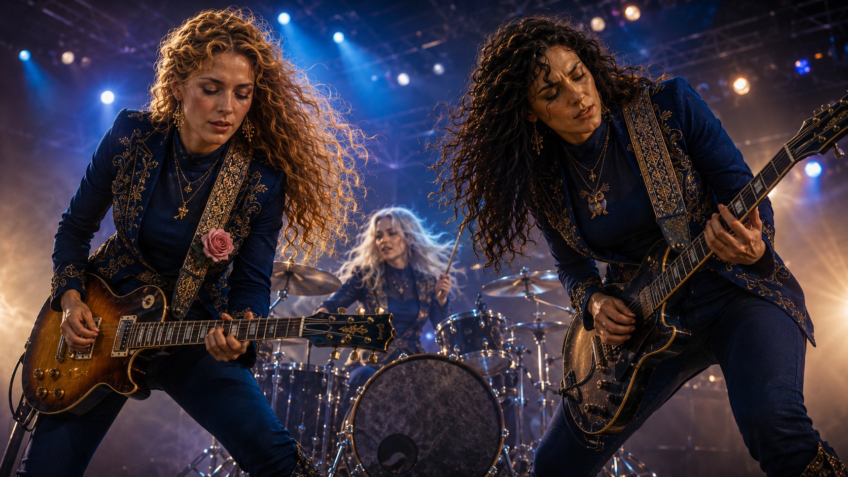 Aphrodite and Athena on guitar, Caelia on drums — Night of the Heralds